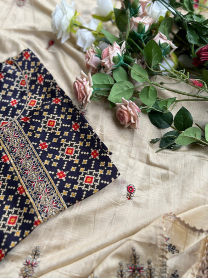 Navy Russian Silk Semi-Stitched Suit with  Embroidered Silk Dupatta