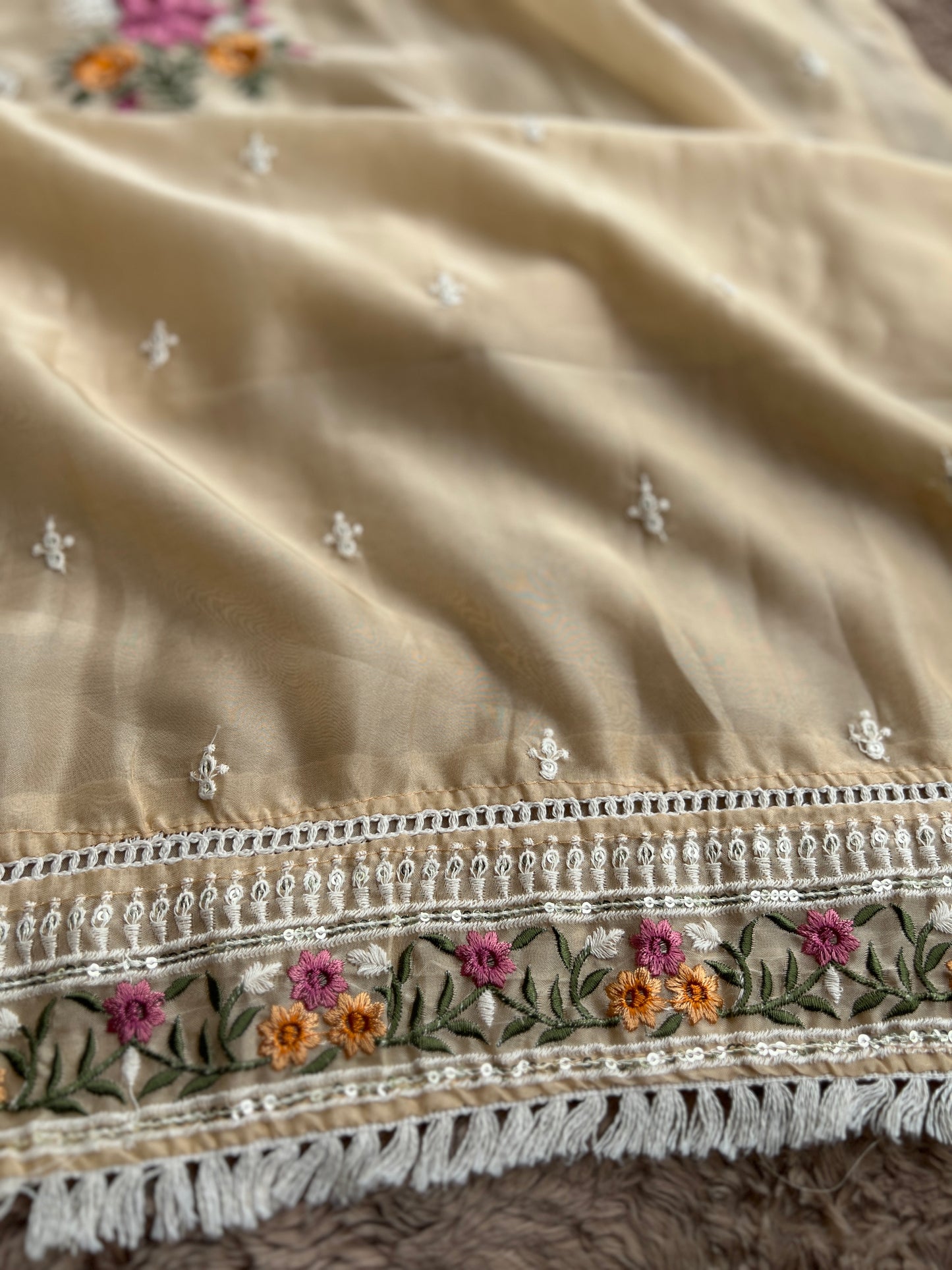 Graceful Beige Soft Viscose Organza Embroidered Kurta Set