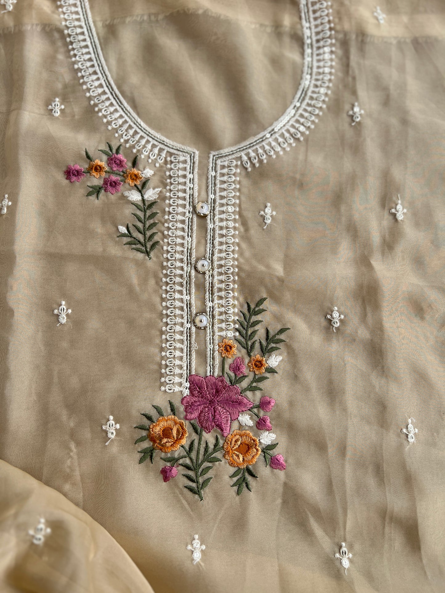 Graceful Beige Soft Viscose Organza Embroidered Kurta Set