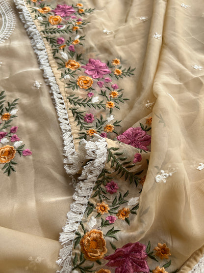 Graceful Beige Soft Viscose Organza Embroidered Kurta Set