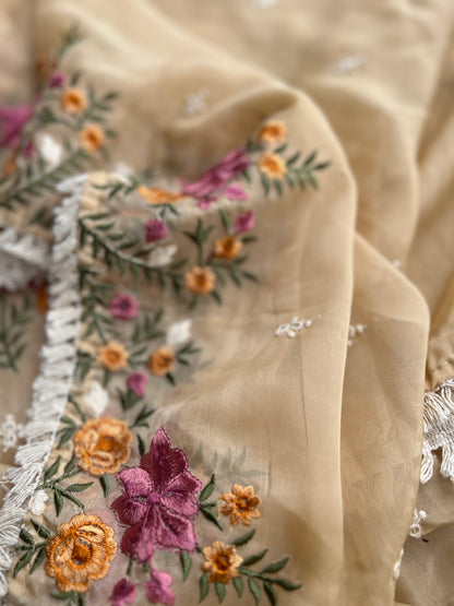 Graceful Beige Soft Viscose Organza Embroidered Kurta Set