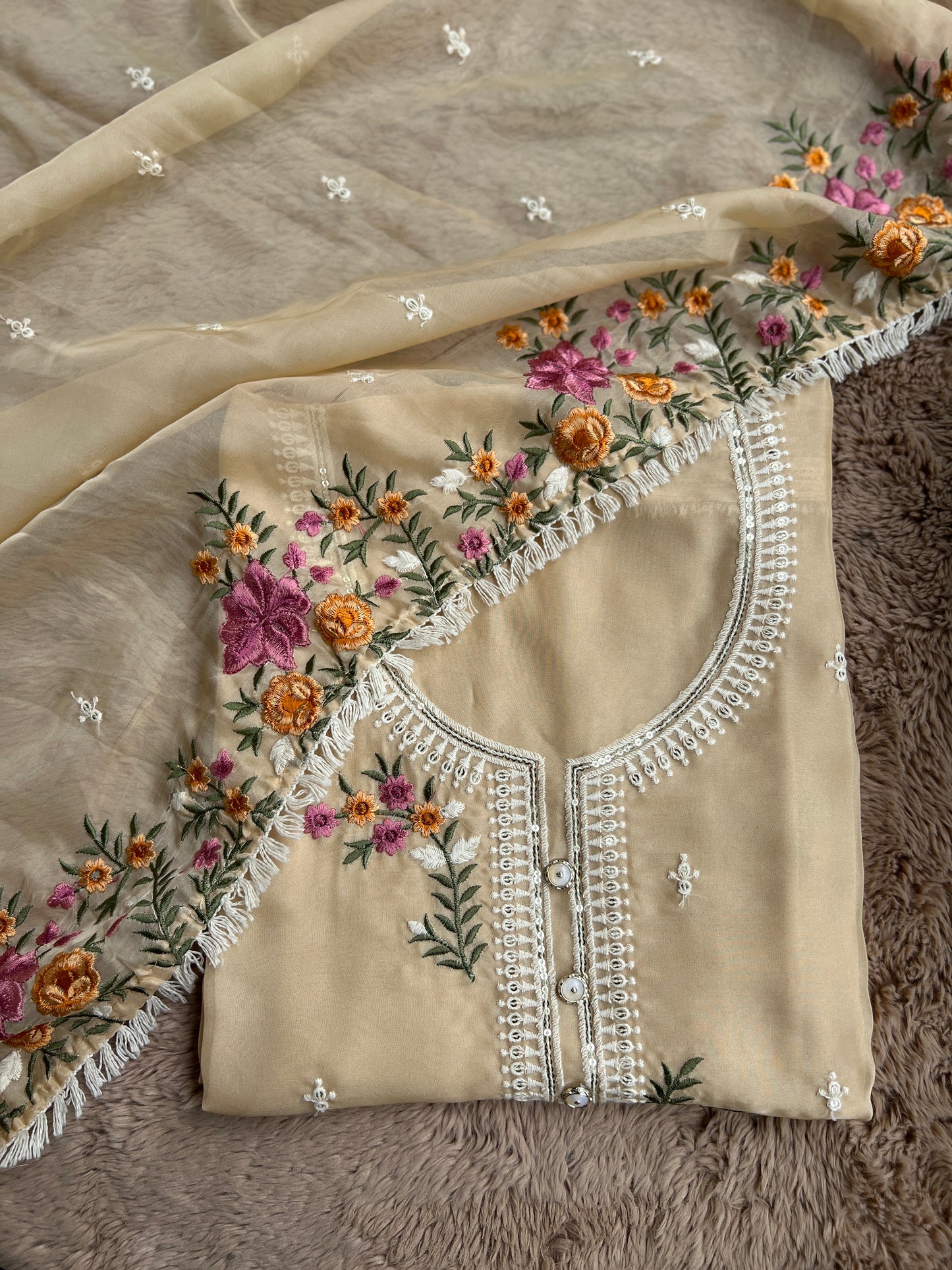 Graceful Beige Soft Viscose Organza Embroidered Kurta Set