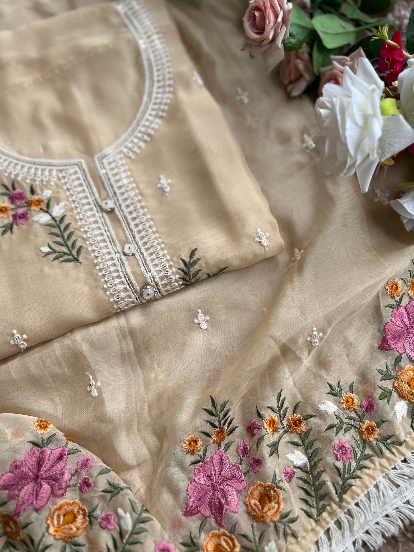 Graceful Beige Soft Viscose Organza Embroidered Kurta Set