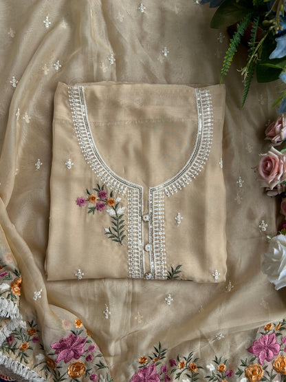 Graceful Beige Soft Viscose Organza Embroidered Kurta Set