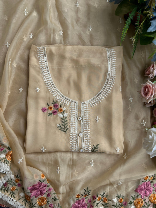 Graceful Beige Soft Viscose Organza Embroidered Kurta Set