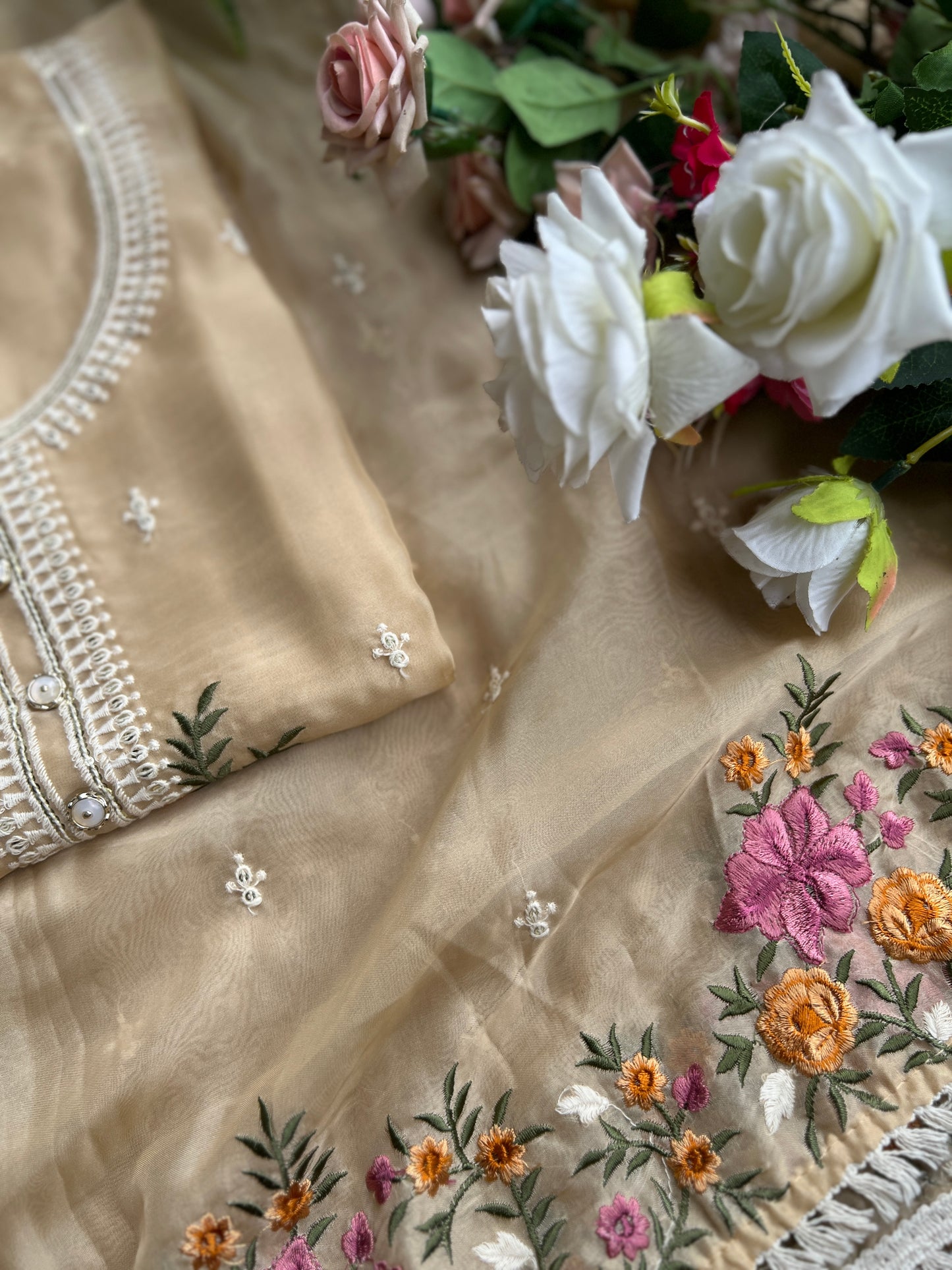 Graceful Beige Soft Viscose Organza Embroidered Kurta Set