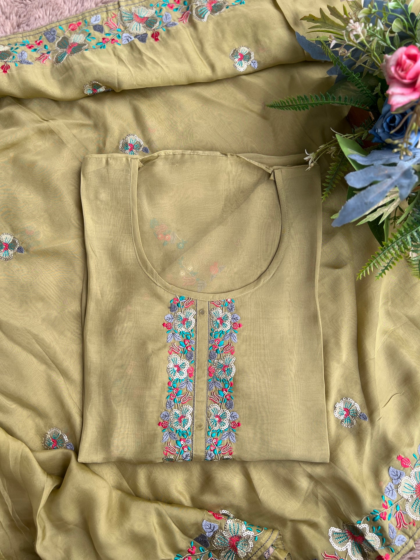 Green Embroidered Semistiched Salwar suit