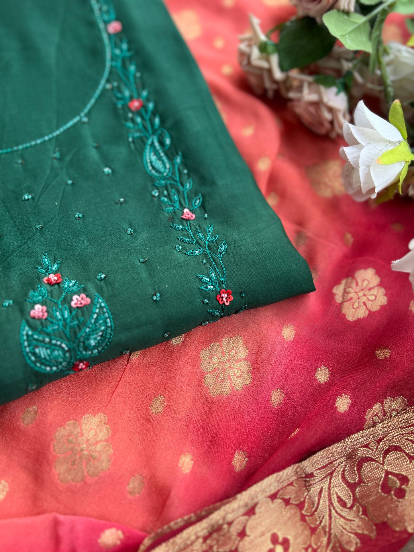Green and Maroon Salwar Suit with  Georgette Banarasi Dupatta