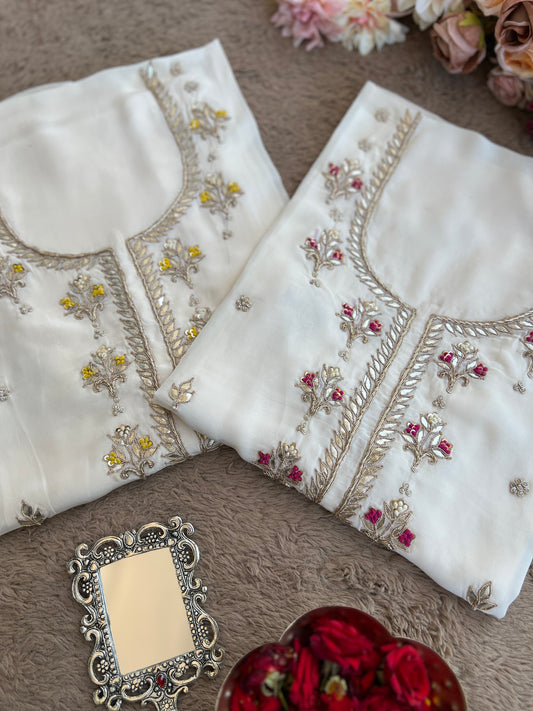 Vanilla Elegance with Dual Dupatta Charm – Butter Crepe Handwork Suit