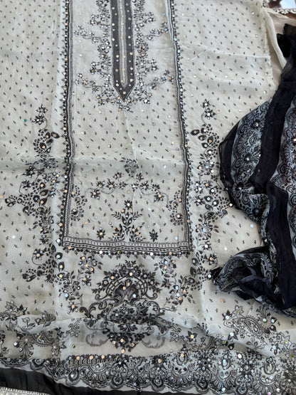 Black & White Karachi Print Crepe Suit with Multicolour Mirror Dupatta