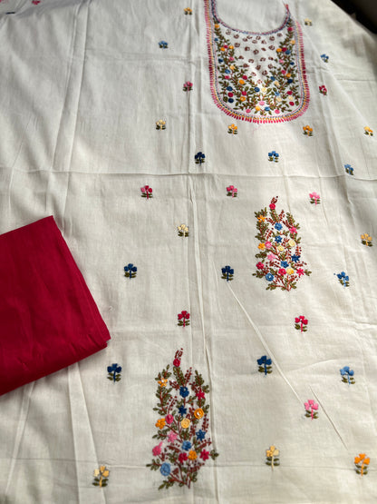 White  Knot Work Blossom Embroidered Cotton Suit