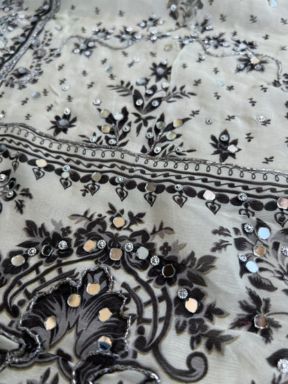 Black & White Karachi Print Crepe Suit with Multicolour Mirror Dupatta