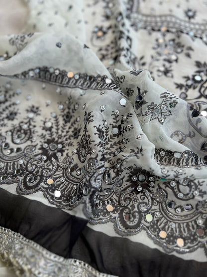 Black & White Karachi Print Crepe Suit with Multicolour Mirror Dupatta