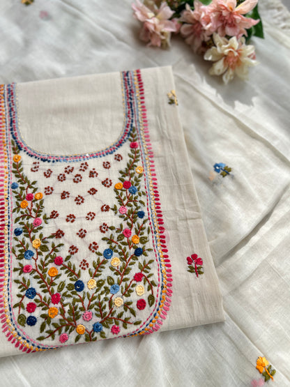 White  Knot Work Blossom Embroidered Cotton Suit