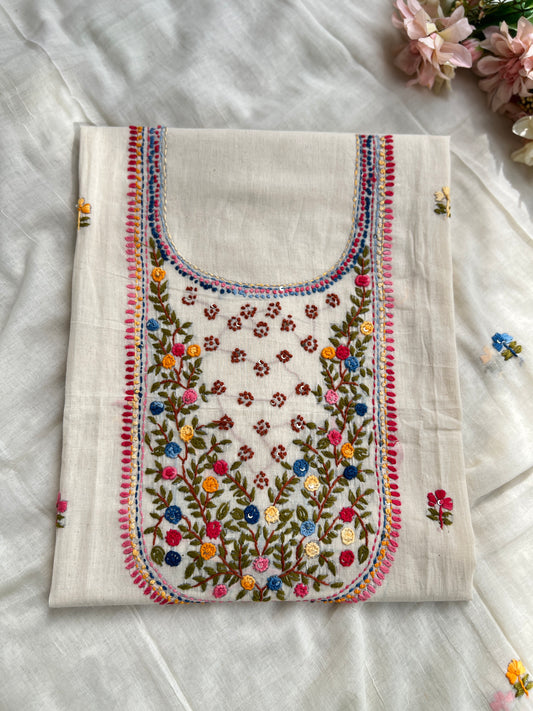 White  Knot Work Blossom Embroidered Cotton Suit