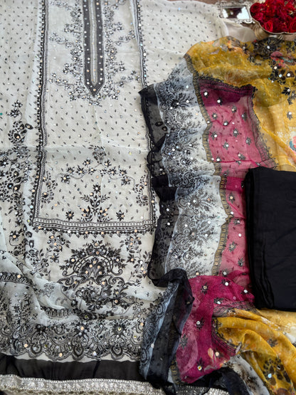 Black & White Karachi Print Crepe Suit with Multicolour Mirror Dupatta