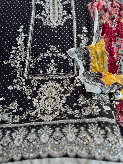 Black & White Karachi Print Crepe Suit with Multicolour Mirror Dupatta