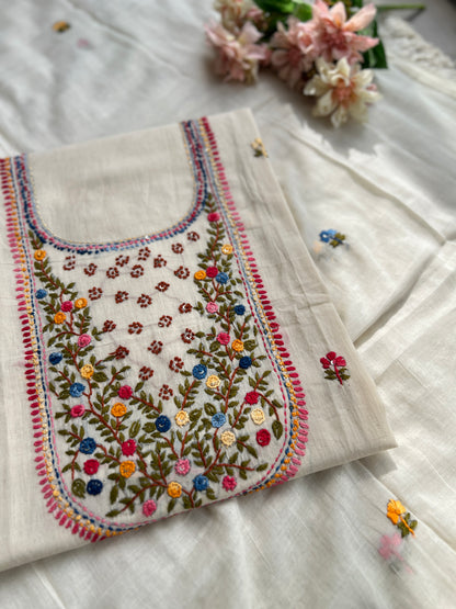 White  Knot Work Blossom Embroidered Cotton Suit