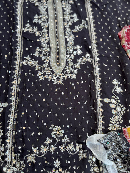 Black & White Karachi Print Crepe Suit with Multicolour Mirror Dupatta