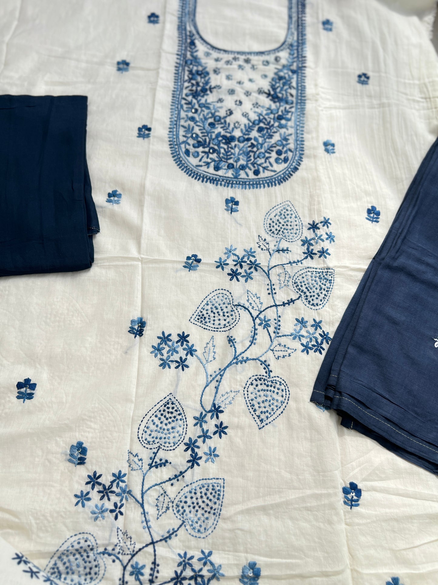 White Blue Knot Work  Embroidered  Mal Cotton Suit