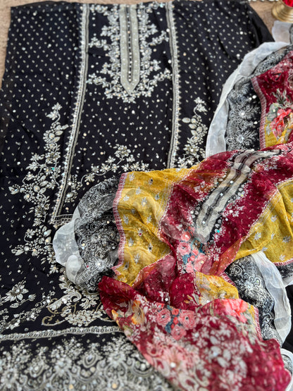 Black & White Karachi Print Crepe Suit with Multicolour Mirror Dupatta