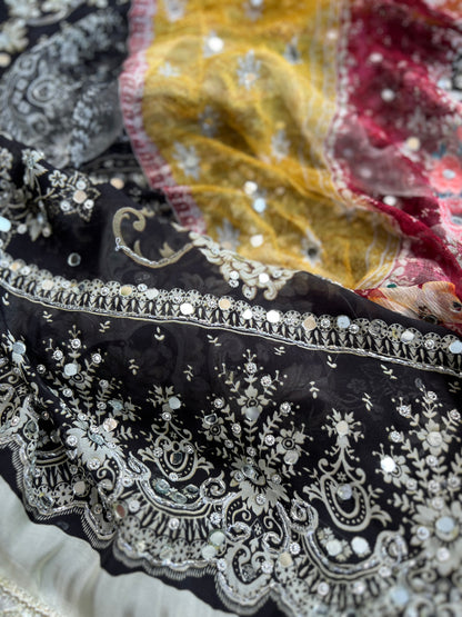 Black & White Karachi Print Crepe Suit with Multicolour Mirror Dupatta