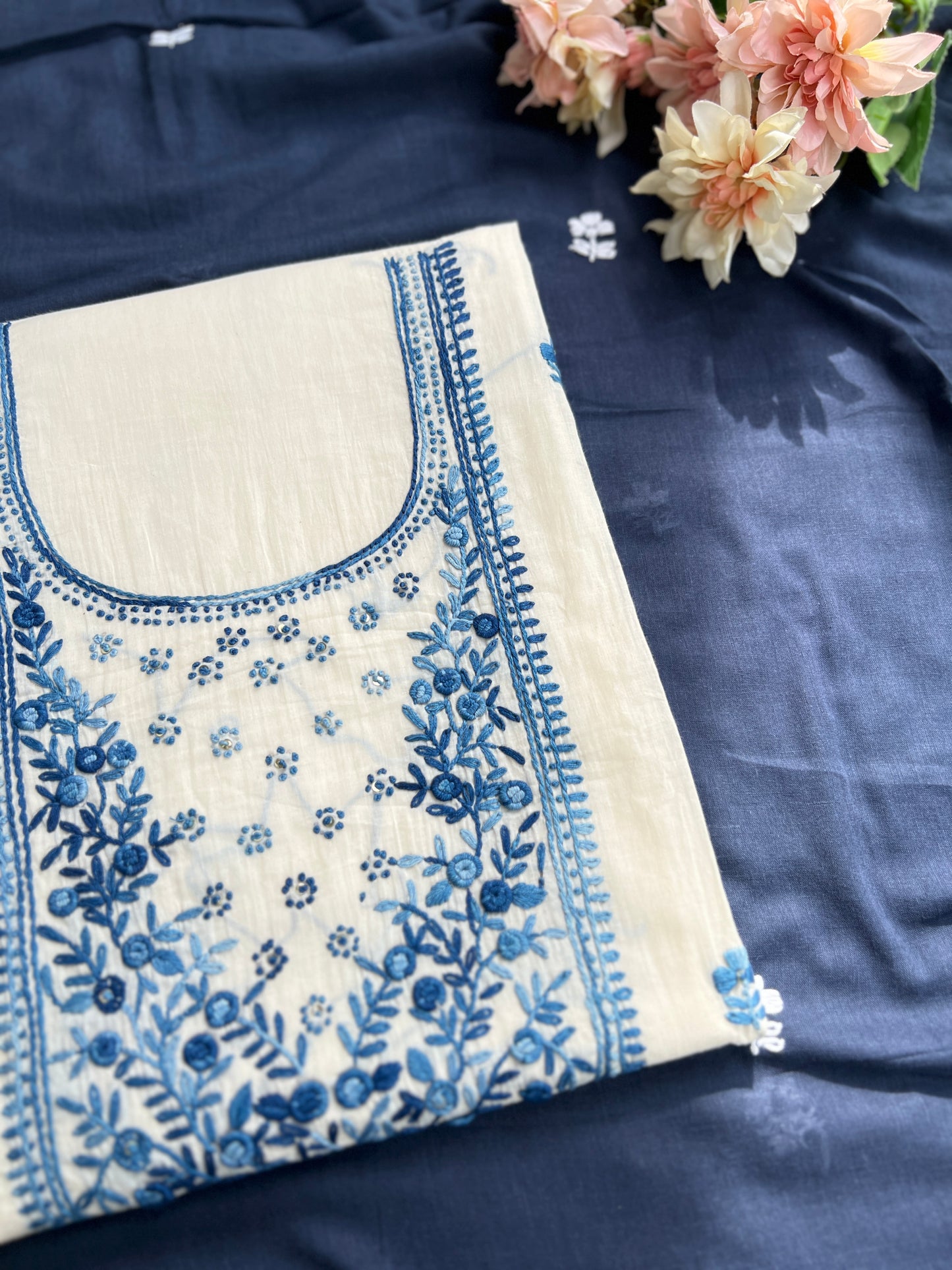 White Blue Knot Work  Embroidered  Mal Cotton Suit