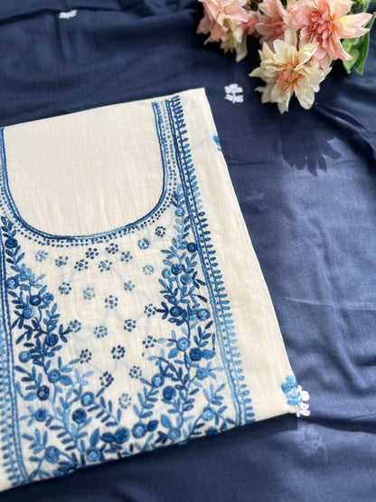 White Blue Knot Work  Embroidered  Mal Cotton Suit