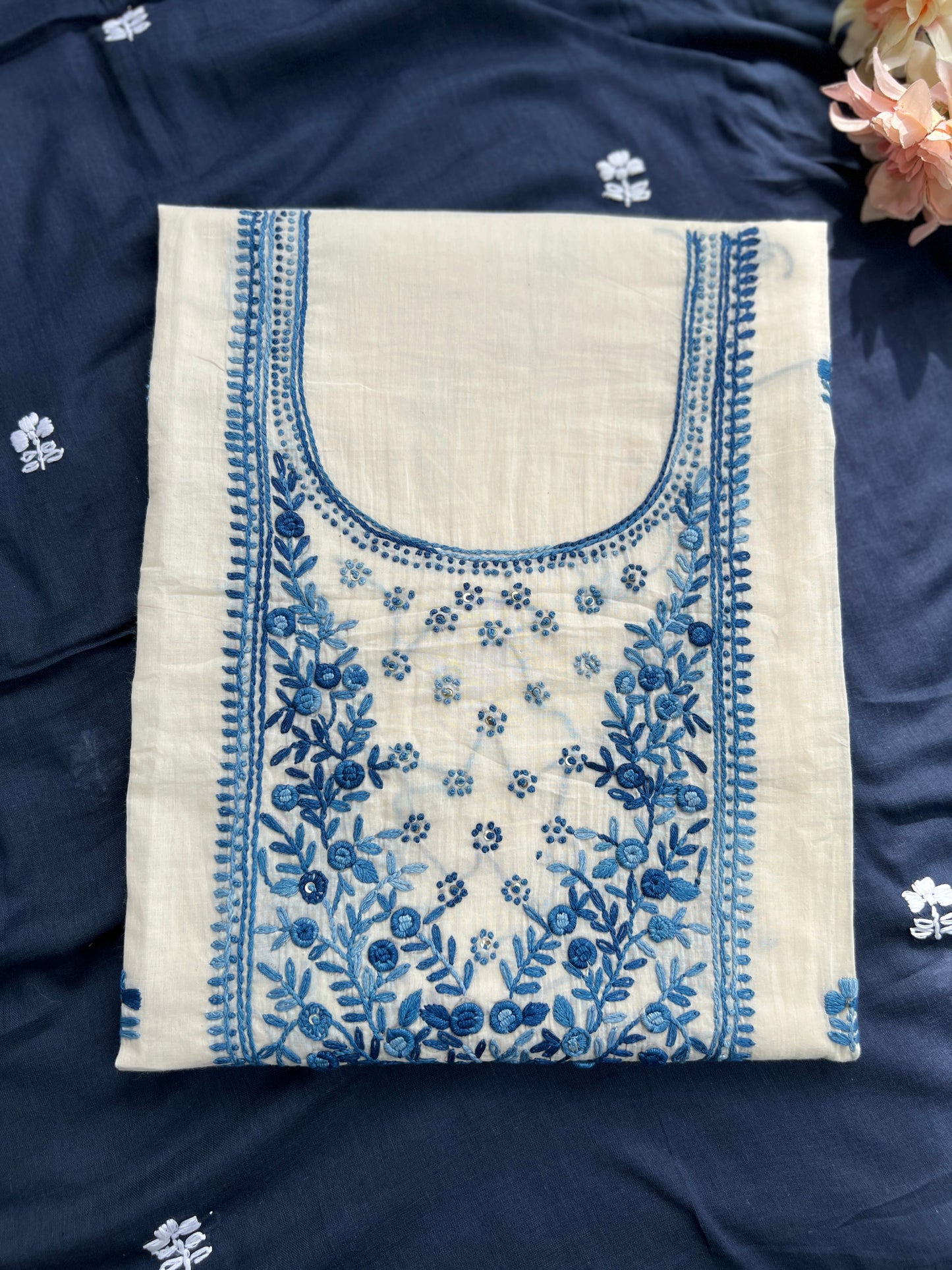 White Blue Knot Work  Embroidered  Mal Cotton Suit