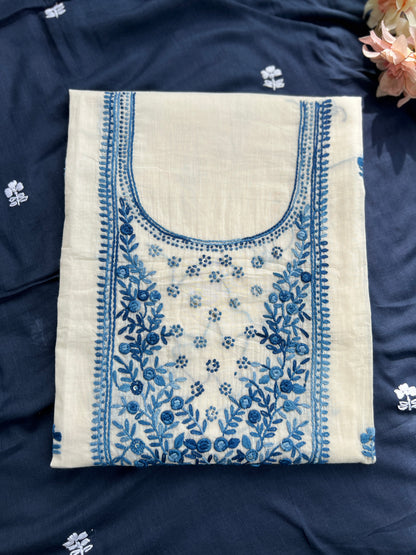 White Blue Knot Work  Embroidered  Mal Cotton Suit
