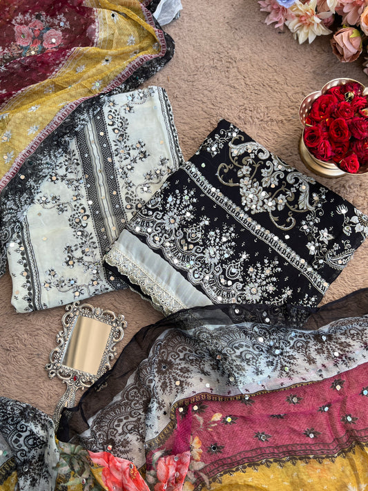 Black & White Karachi Print Crepe Suit with Multicolour Mirror Dupatta