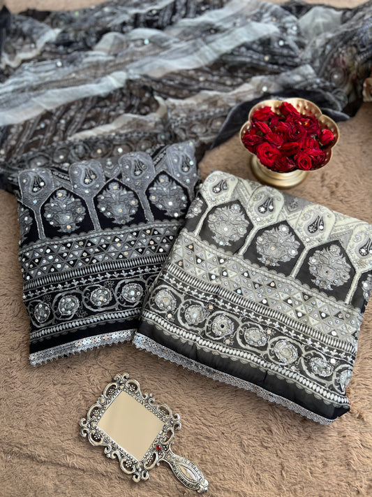 Black & White Elegance – Karachi Print Crepe Mirror Embroidered Suit