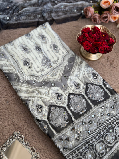 Black & White Elegance – Karachi Print Crepe Mirror Embroidered Suit