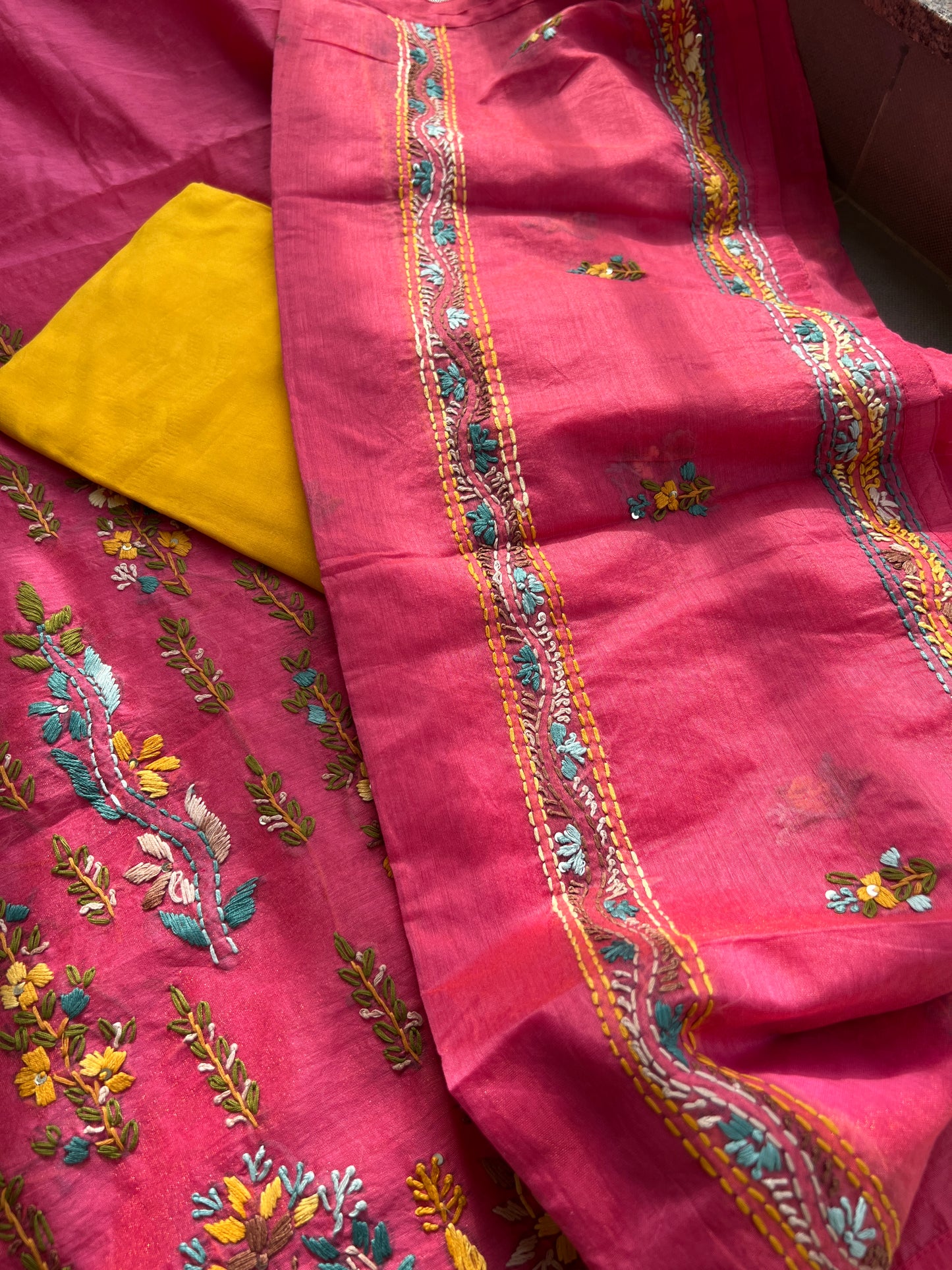 Blush Pink Chanderi Silk Floral Embroidery Set