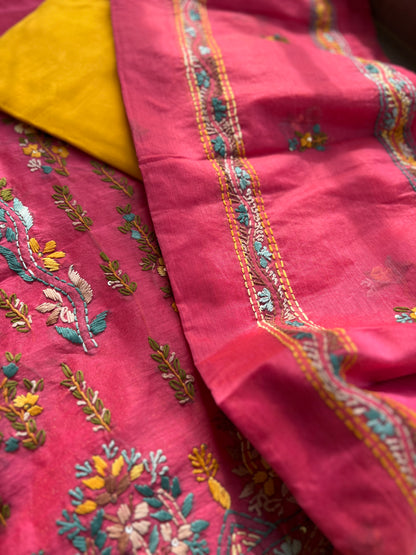 Blush Pink Chanderi Silk Floral Embroidery Set