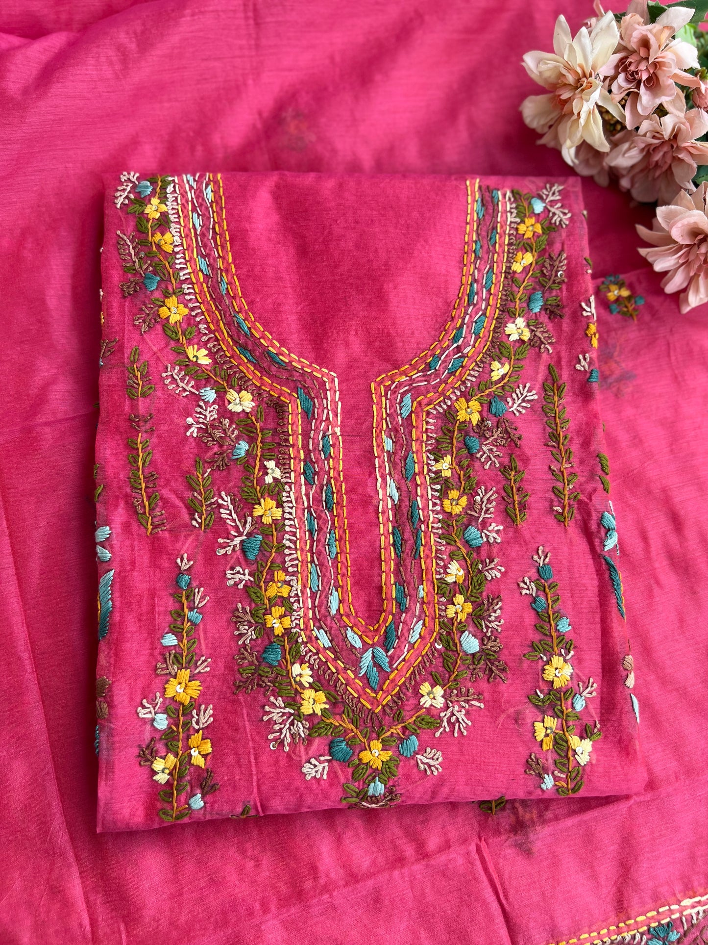 Blush Pink Chanderi Silk Floral Embroidery Set