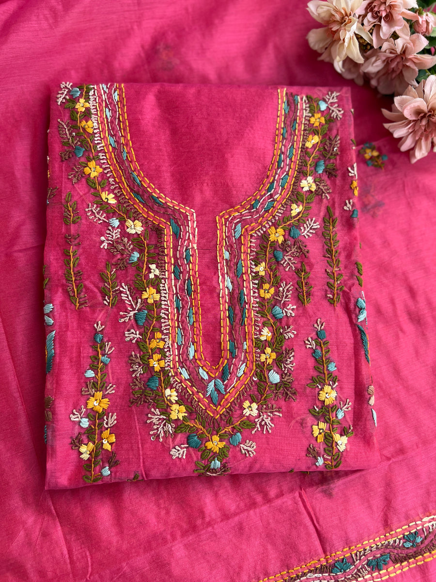 Blush Pink Chanderi Silk Floral Embroidery Set