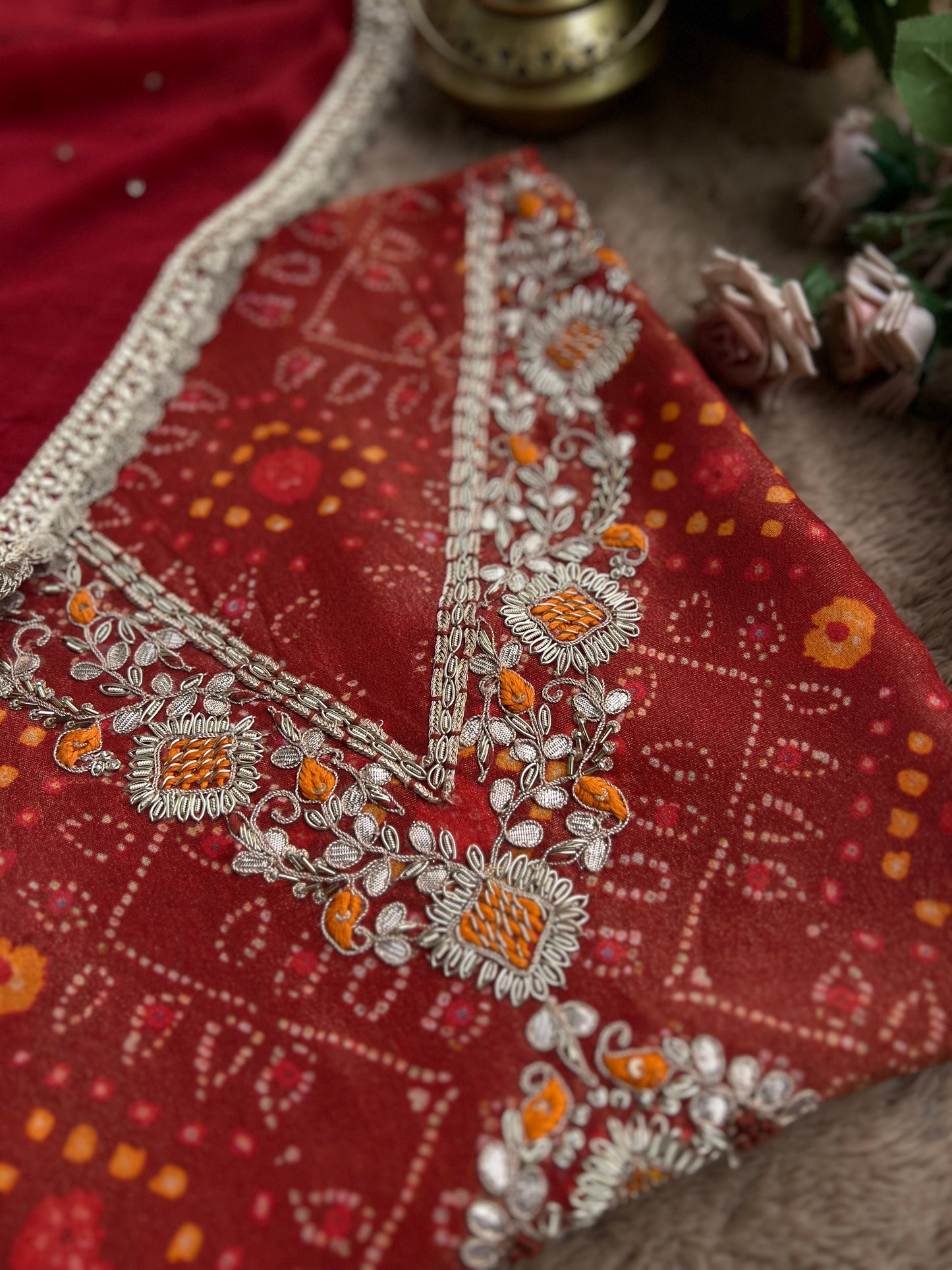 Elegant Rust Shimmer Silk Shirt with Handcrafted V-Neck
