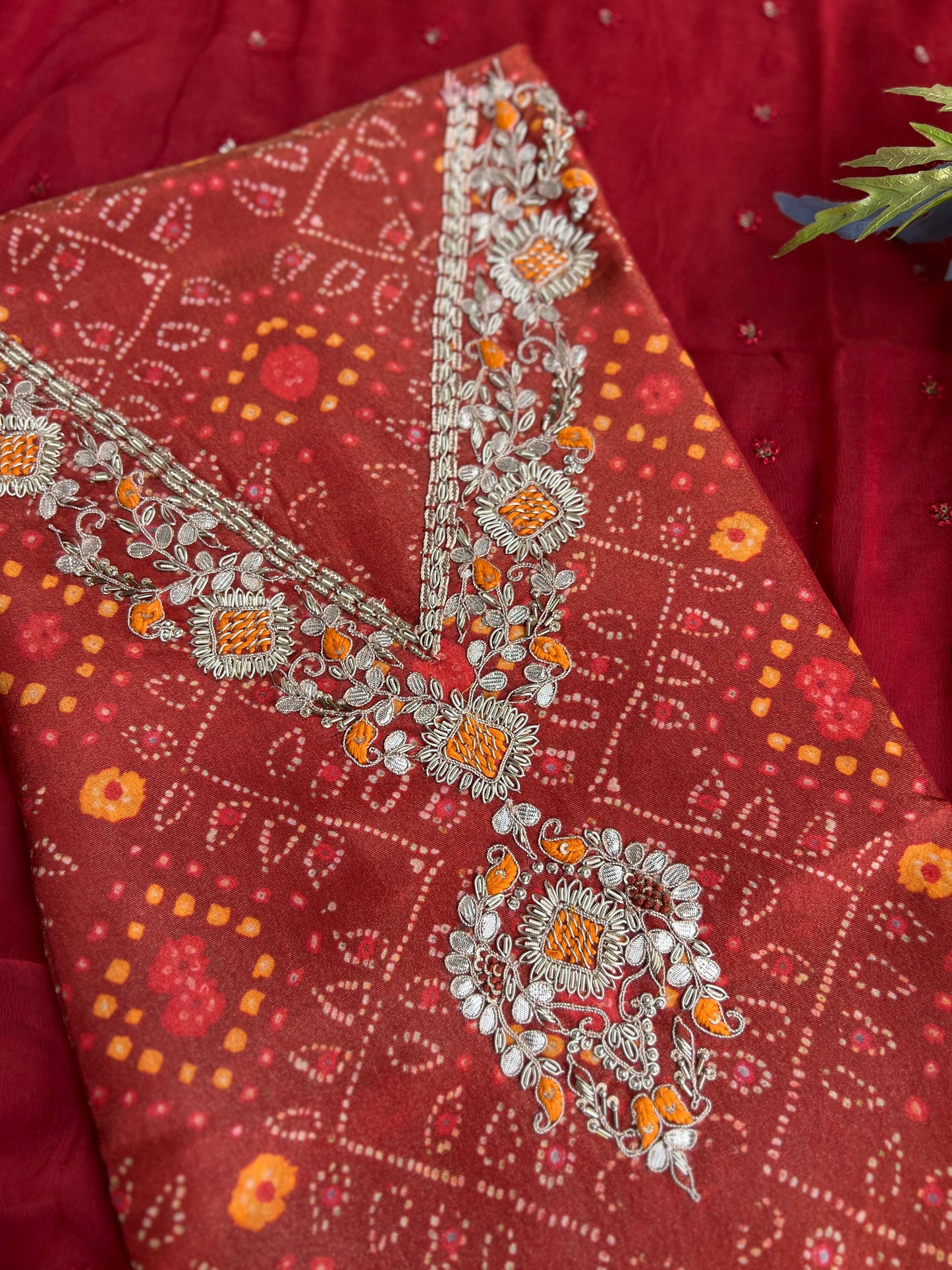 Elegant Rust Shimmer Silk Shirt with Handcrafted V-Neck