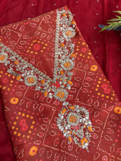 Elegant Rust Shimmer Silk Shirt with Handcrafted V-Neck