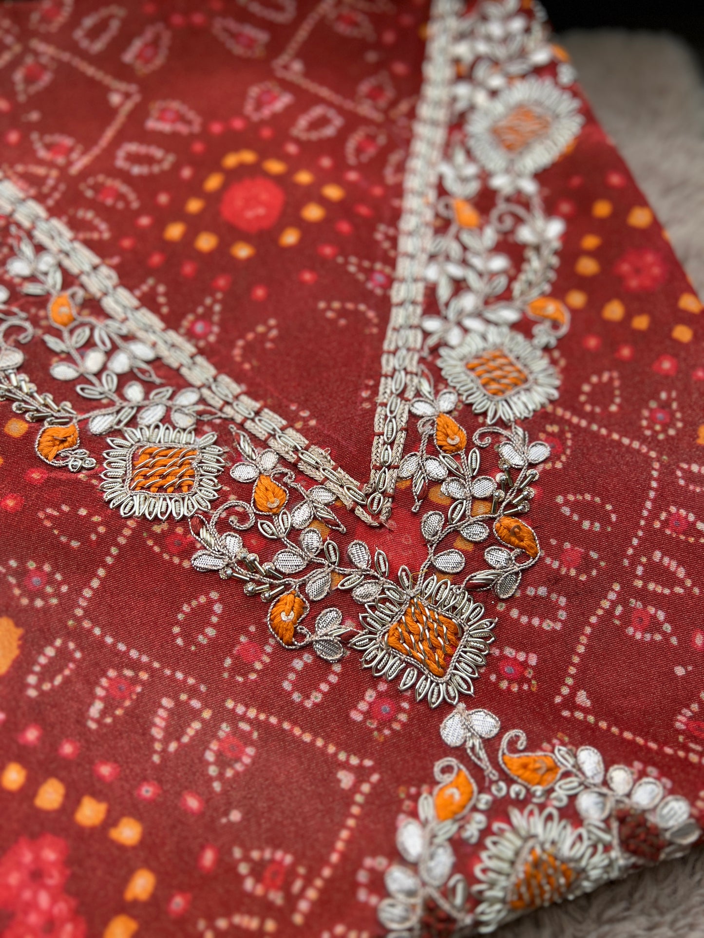 Elegant Rust Shimmer Silk Shirt with Handcrafted V-Neck