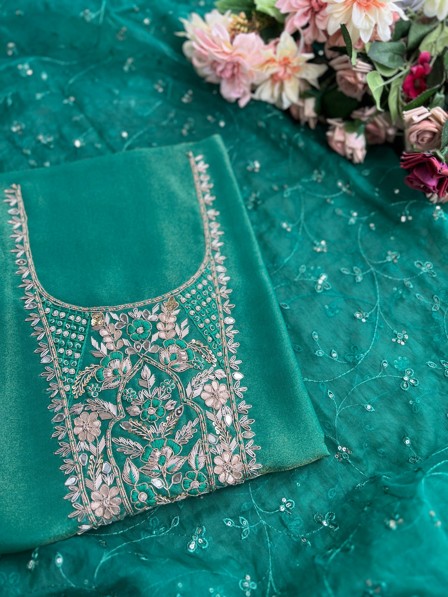 Royal Shimmer Silk Suit with Exquisite Zardozi & Gota Handwork
