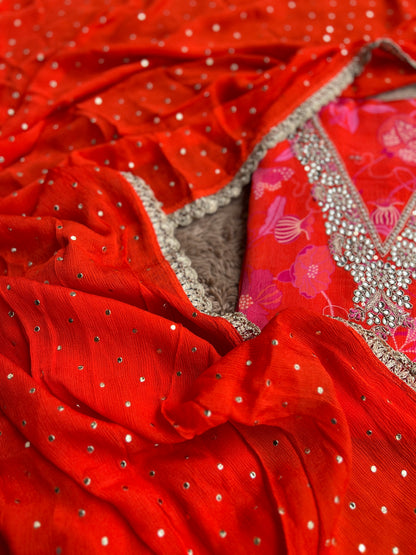 Vibrant Coral Pure Chinnon Handwork Suit with Mukesh Work