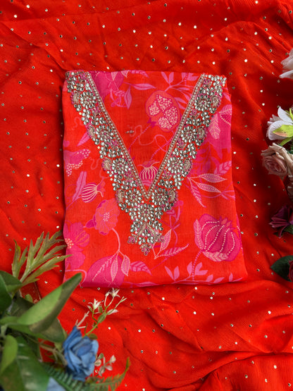 Vibrant Coral Pure Chinnon Handwork Suit with Mukesh Work