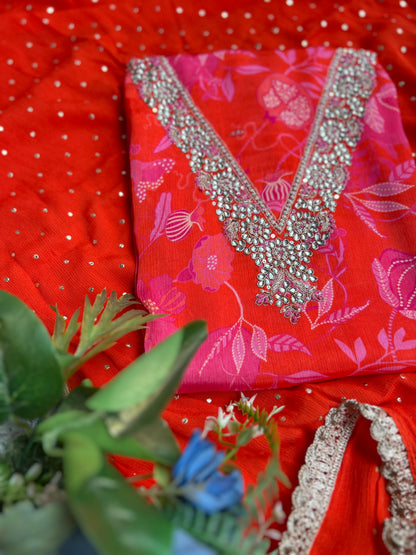 Vibrant Coral Pure Chinnon Handwork Suit with Mukesh Work