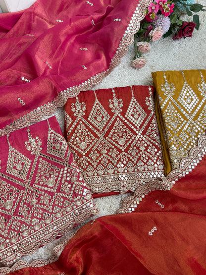 Elegant Mirror  Embroidered Silk Ensembles