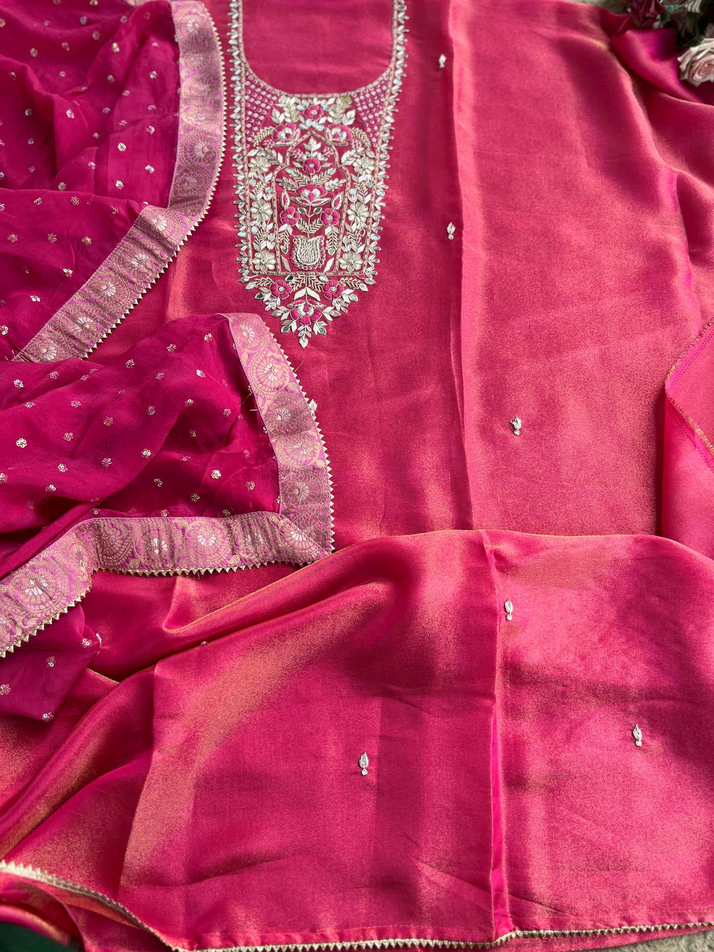 Royal Shimmer Silk Suit with Exquisite Zardozi & Gota Handwork