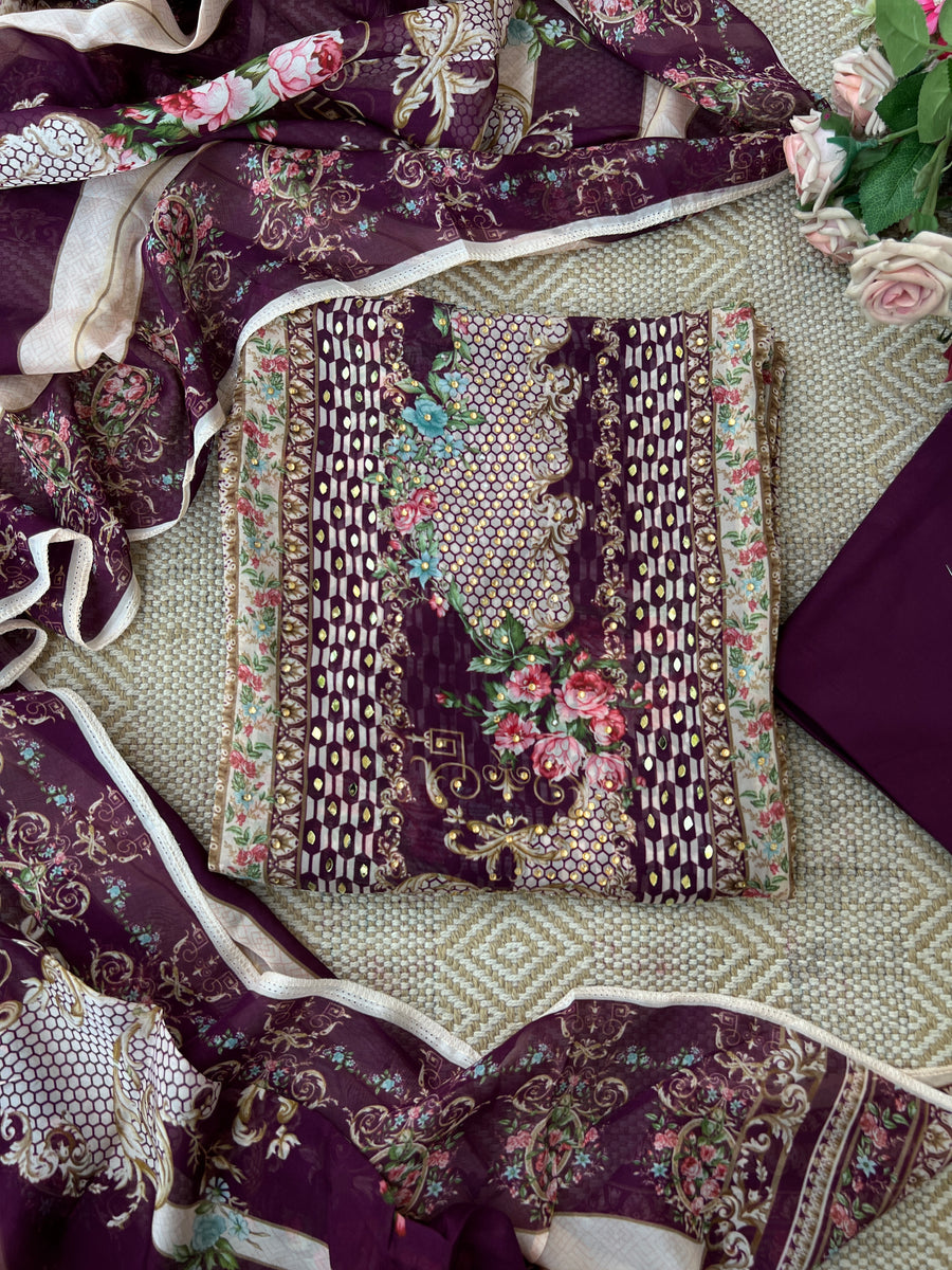 Wine Karachi Print Mirror Work Viscose Organza Suit with Dupatta