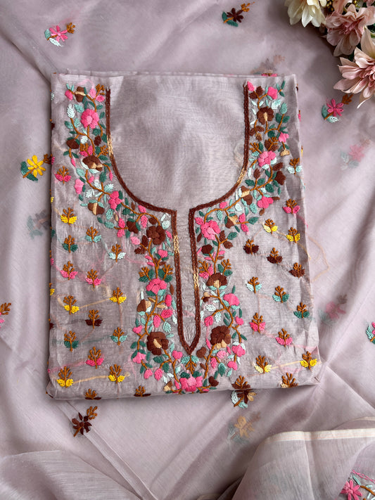 Misty Taupe Chanderi Silk Embroidered Suit