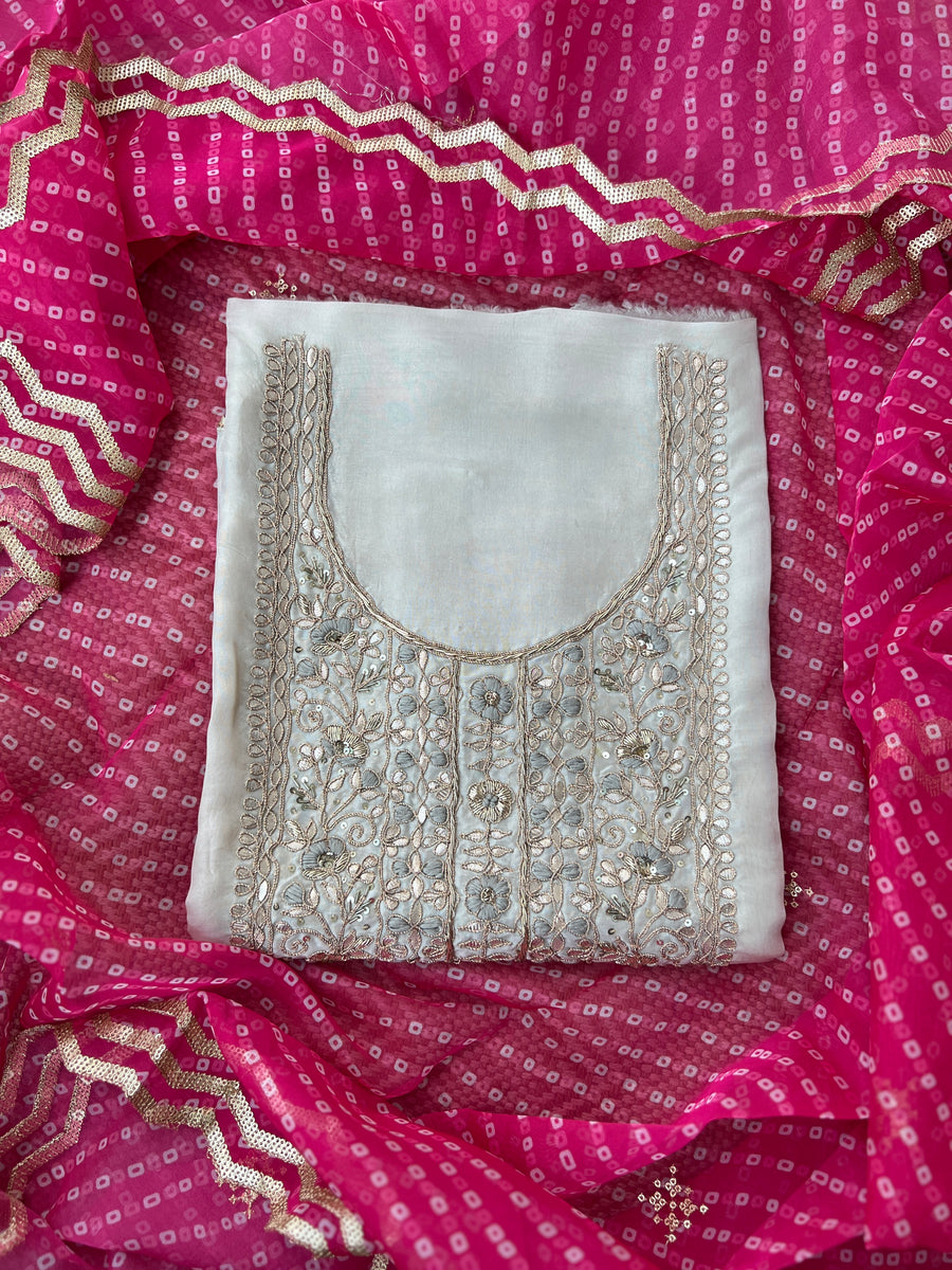Light Slate Grey Russian Silk Suit with Rani Laheriya Sequin Dupatta